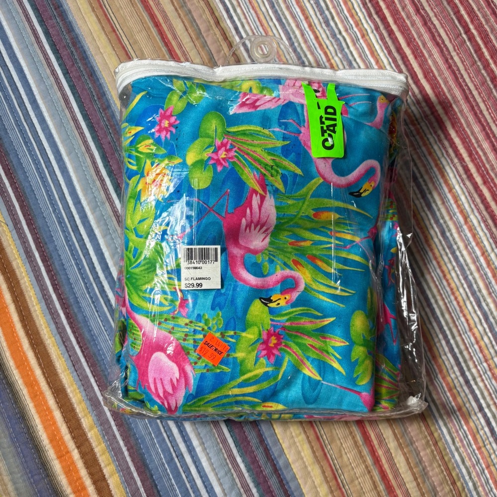 Tropical Pink Flamingo Shower Curtain Blue Floral Satin Finish New in Package
